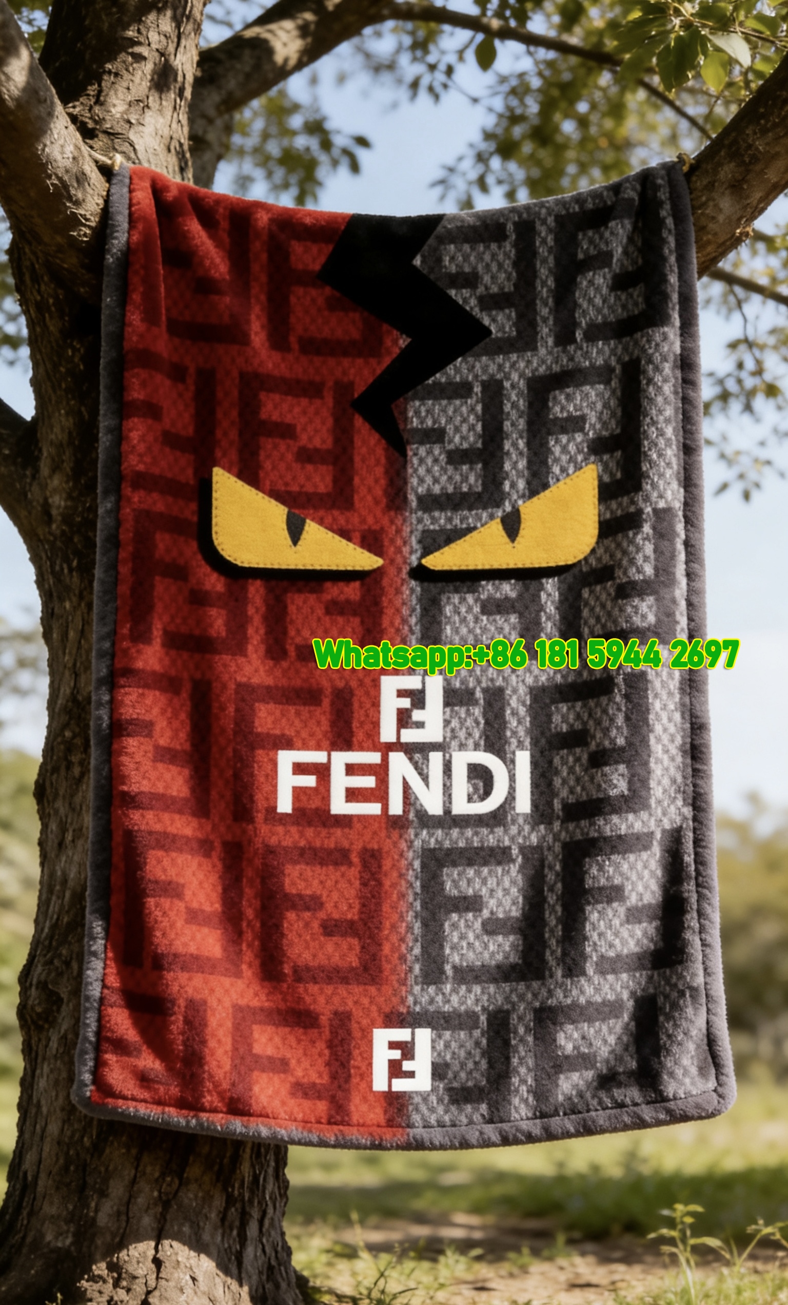 Fendi Monster Eyes FF Monogram Red Gray Flannel Sofa Throw Blanket Luxury Designer IMG_9355